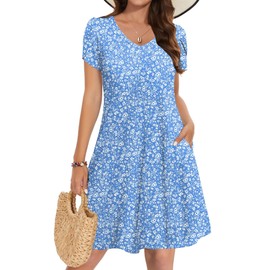 Zeagoo Flowy Sundresses for Women Casual Dresses 2025 Vacation Deep V Neck Bobo Dress Knee Length Swing Floral Print Sundresses Bright Blue Floral M