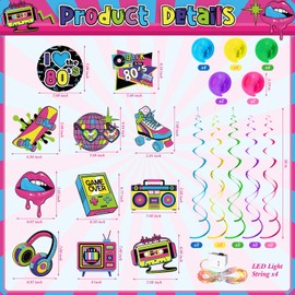 Skyygemm 56 Pcs 80s Hanging Decorations with Lights Back to the 80's Hanging Swirls Retro Hip Hop Paper Cutouts Neon Rock Hippie Music Record Disco Ceiling Streamers for Home Birthday Party Supplies
