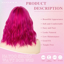 NAYOO Hot Pink Wig with Bangs, 14 Inch Hot Pink Bob Wig with Bangs for Women, Shoulder Length Short Pink Wigs, Hot Pink Wig with Bangs, Hot Pink and Purple Wig, Pink Short Wig Pink Cosplay Wig