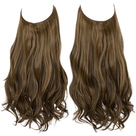 SARLA Invisible Wire Hair Extensions with 3 Clips Long 18 Inch Synthetic Wavy Curly Hairpiece for Women Adjustable Transparent Headband Coffee Brown