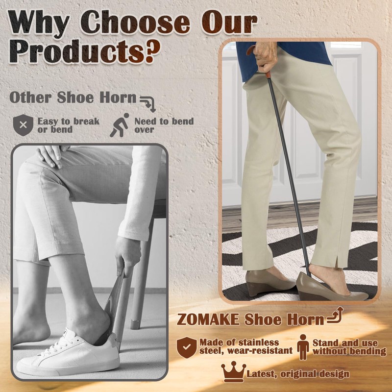 ZOMAKE Extra Long Shoe Horn for Seniors Men,Metal Shoehorn Long