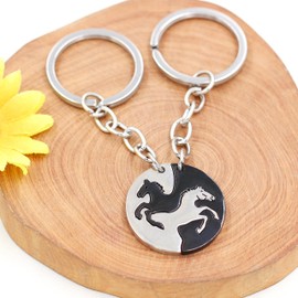 Uloveido A Pair of Horse Puzzle Matching Keychains Set Yinyang Couples Key Chain Ring Holder BFF Gifts (Black White-Round Ring)