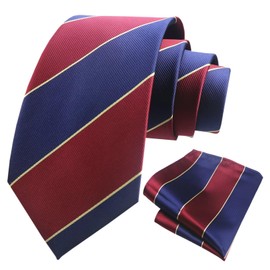 Men's Navy Blue and Wine Red Self Ties Hanky Set Silk Stripe Party Dress Suit Neckties Handkerchief Set