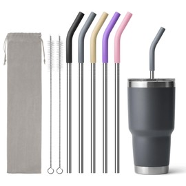 Diumepo Stainless Steel Straw for 30 oz YETI Tumbler, Metal Straws Reusable with Silicone Tip for Simple Modern 24 oz Tumbler and 32oz Glass Tumbler, Cleaning Brush, 1 Portable Bag