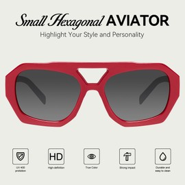 mosanana Trendy Retro Small Aviator Sunglasses for Women Hexagonal Fashion 70s Vintage Cool Stylish Chic 2025 Shades Red Burgundy Gradient Grey MS52473