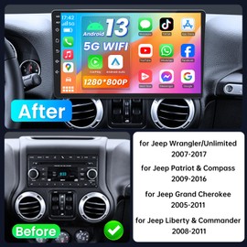 4 Core 64G ROM Car Radio for Jeep Wrangler JK 2007-2017: 10.1 Inch HD Touchscreen Stereo Upgrade 5G WiFi Wireless Carplay/Andriod Auto Bluetooth 1080P Backup Camera GPS FM EQ SWC