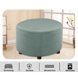 VIENLOVE Round Ottoman Slipcover Polyester Blend Footstool Protector Covers Stretch with Elastic Bottom Feature Textured Machine Washable Jacquard Fabric (Sage, Large Size)