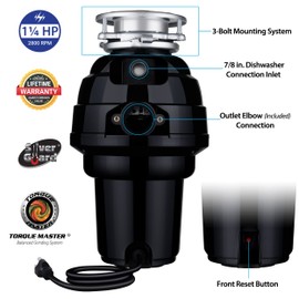 Waste Maid 10-US-WM-658-3B Garbage Disposal Anti-Jam Stainless Steel Food Waste Grinding System, 1-1/4 HP Premium, Black