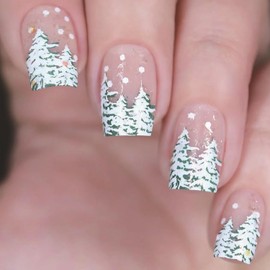 Press on Nails Square Short Length Christmas Acrylic Glossy Full Cover Extra Short Square False Nails with Snowflake Designs Artificial Xmas Fake Nails with Glue ons Fingernails for Women(DJ66)
