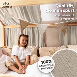 lilimaus House Bed Canopy with Gold Appliqué [in 12 Colours] Bed Canopy House Bed Made of 100% Cotton Muslin - Fabric Canopy for House Bed Decoration Girls and Boys - Canopy for House Bed Children's Bed Curtain