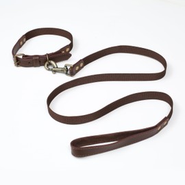 Dog Leash and Dog Collar Set with Metal Buckle, Heavy Duty Dog Collar Leash Combo Set Leather and Nylon, Adjustable and Durable Collar - 21 Inch Collar, 50 Inch Leash - Coffee Brown