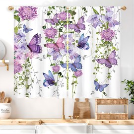 Famiffty Purple Butterfly Kitchen Curtains Rod Pocket Farmhouse Floral Lavender Lilac Spring Summer Leaves Small Short Cafe Curtains Girly Window Treatment Drapes Home Decor(27.5W X 39L Inch 2 Panels)