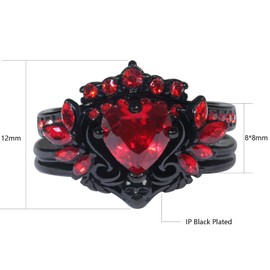 Ringskull Matching Rings Black Plated Couple Rings Wings 1CT Heart Red CZ Wedding Ring Sets