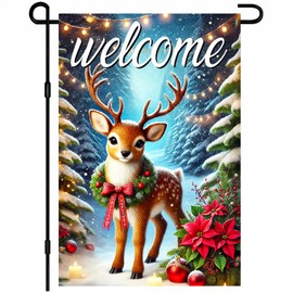 BlissYard Welcome Merry Christmas Garden Flag Deer Flag Winter Garden Flags 12x18 Inch Cute Fawn Christmas Wreath Antlers Snow Scene Double Sided Winter Yard Decor Outdoor Banner for Porch Patio Home