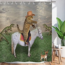 ASDCXZ Shower Curtain Funny 180 x 200 cm, West Cowboy Farm Funny Cat Ride Horse Washable Textile Bathroom Curtains Polyester Waterproof Shower Curtains for Bath with 12 Shower Curtain Hooks