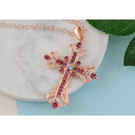 Alilang Silvery Tone Religious Cross Pendant Necklace Clear Crystal Rhinestones,Rose Gold with Pink Crystal