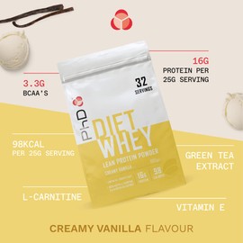 PhD Nutrition Diet Whey Low Calorie Protein Powder, Low Carb, High Protein Lean Matrix, Creamy Vanilla Diet Whey Protein Powder, High Protein, 32 Servings Per 800g Bag