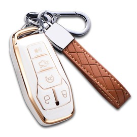 for Ford Key Fob Cover with Keychain, Premium Soft TPU Full Protection Key Fob Case for Ford Fusion Mustang F150 Edge Explorer Lincoln MKZ MKC MKX Smart Remote Key Protector (Size B-Ivory)