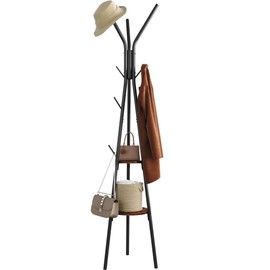 HOMEFORT Coat Rack, Coat Hanger Stand with 2 Shelves, Freestanding Hall Tree, Metal Hat Hanger with 12 Hooks for Clothes Hats and Scarves, Black and Rustic Brown,15.7" Wx15.7 Dx72.8H