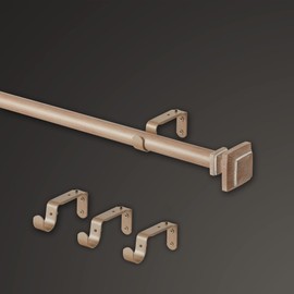 MODE Farmhouse Collection 1 1/8" Diameter Curtain Rod Set with Cottage Square Curtain Rod Finials and Steel Wall Mounted Adjustable Curtain Rod, Fits 72” to 144” Windows, Weathered Oak