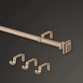 MODE Farmhouse Collection 1 1/8" Diameter Curtain Rod Set with Cottage Square Curtain Rod Finials and Steel Wall Mounted Adjustable Curtain Rod, Fits 72” to 144” Windows, Weathered Oak