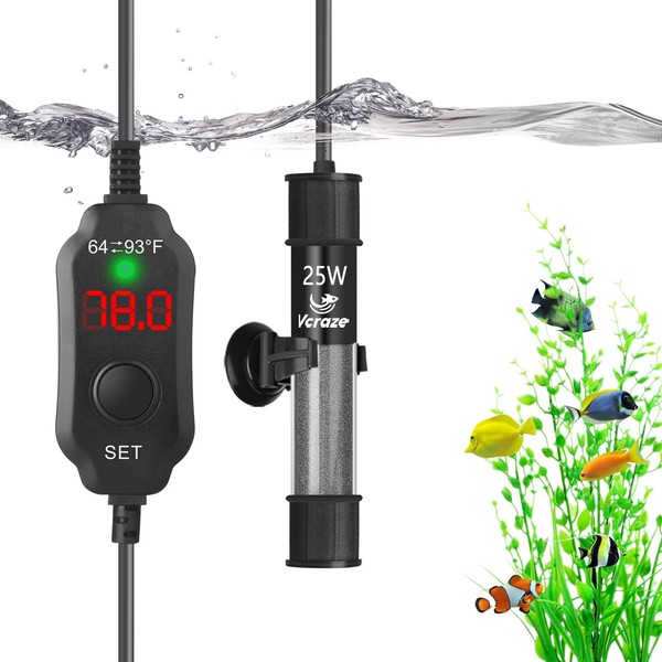 VCRAZE Super Compact 25W Fish Tank Heater, Submersible Aquarium Heater