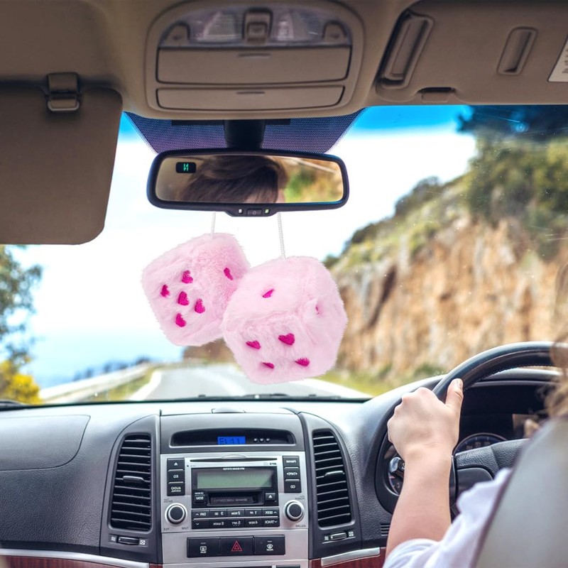 Heart Embroidered Fuzzy Plush Dice - 3-Inch Decorative Car Mirror