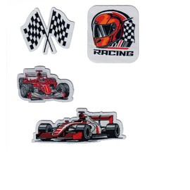 Formula Cars F1 Racing Iron-On Patches Set – 4pcs Embroidered Appliqué for Jackets, Backpacks, Jeans – Helmet & Checkered Flags – Motorsport Theme – Easy Heat Press