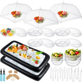 FillTouch 128 Pcs Inflatable Cooler for Parties 2 Inflatable Serving Bars Buffet Cooler for Parties 3 Food Cover 6 Salad Bowl 12 Serving Utensils 5 Plastic Appetizer Tray 100 Labels(Black)