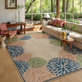 LIVEBOX Modern Easy Jute Outdoor Rug 8x10, Washable Rugs for Living Room Indoor Outdoor Non Slip Large Patio Tropical Floral Farmhouse Area Rugs, Carpet for Backyard Office Decor(Olive 8'x10')