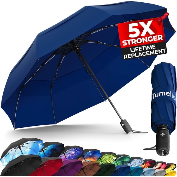 TUMELLA Strongest Windproof Travel Umbrella (Compact, 1-pack Navy Blue