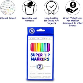 Color Swell 8-Pack Super Tip Markers – Washable, Non-Toxic, Ideal for Kids, Students, Adults, and Classroom Activities