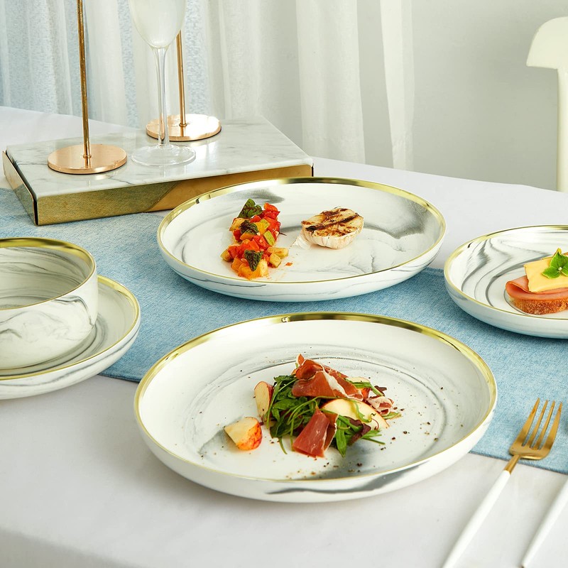 Pokini Marble Gold Rim Dinnerware Sets, Porcelain Plates and Bowls
