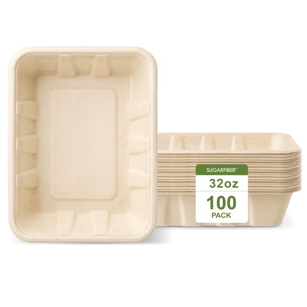[100 Count] Sugarfiber by Harvest Pack 32 oz Disposable Food Trays, Compostable Disposable Food Container Bagasse Serving Trays, Rectangle, Made from Sugarcane Eco-Friendly Plant Fibers