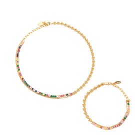 JEM Renaissance Choker Necklace Bracelet Jewelry Set Gold 18k Copper-plated Multi-Colored Zircon Stones for Women