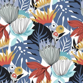 RoomMates RMK11912WP Blue and Yellow Retro Tropical Leaves Peel and Stick Wallpaper