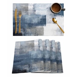 Blue Grey Placemats Set of 6, Modern Oil Painting Woven Placemat, Linen Place Mats for Kitchen Dining Table, Geometric Abstract Art Aesthetics Washable Table Mats for Party Indoor Outdoor