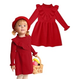 BesserBay Little Girls Winter Autumn Cozy Warm Cute Red Ribbed Knit Ruffle Collar Sweater Dress 4 Years