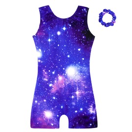 HOZIY Girls Gymnastics Leotards with Shorts for Kids Leo Size 6-7 Years Leo Scrunchies Tumbling Outfits Blue Galaxy Cosmos Unitards