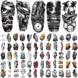 77 Sheets Cars Temporary Tattoo for Women Men, 17 Sheets Half Arm Race Car Fake Tattoos, 60 Sheets Black Holiday Truck Theme Tiny for Adult Kids Body Tattoos Stickers Waterproof Realistic