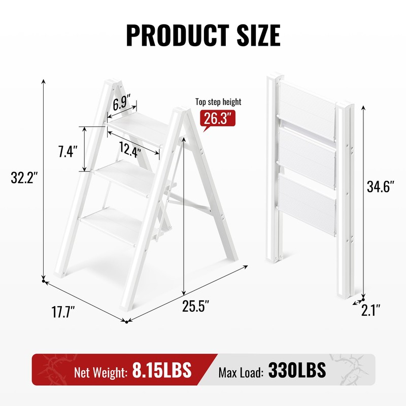 GameGem 3 Step Ladder, Aluminum Folding Step Stool with Anti-Slip