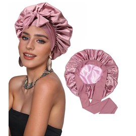 CHUNG Women Hair Bonnets Double Layer Satin Silk Bonnet Hat for Sleeping with Tie Band Wig Curly Double Layer,Dustypink