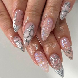 24Pcs Almond Press On Nails，Almond Shaped Press On Nails，Almond Nails Press On Long Almond Nails Thick Fake Nails with 3D Stereoscopic Water Ripples Designs Artificial Nails Stick on Nails For Women