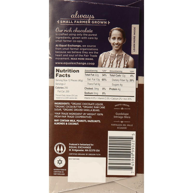 Equal Exchange Organic Chocolate Bar, Extreme Dark, 12 Count
