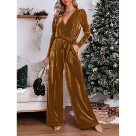 MASCOMODA 2024 Velvet Long Sleeve Wide Leg Jumpsuits for Women Dressy V Neck Belted Romper One Piece Fall Outfits with Pocket (Brown, X-Large)