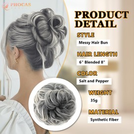 PHOCAS Curly Messy Bun Hair Piece for Women Fluffy Fake Messy Hair Buns Scrunchie Hair Extensions for Daily Wedding Use(Salt and Pepper)