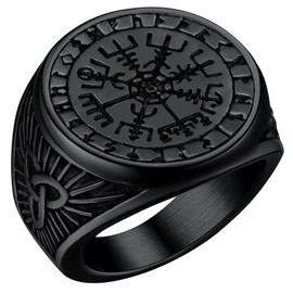 Black Compass Rings for Men Nordic Jewellery Stainless Steel Runic Vegvisir Talisman Ring Viking Finger Charm Size Z+3