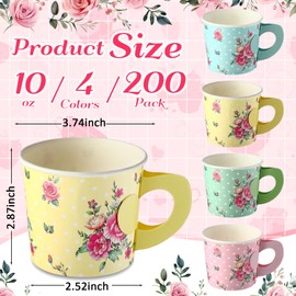 Jingmore 200 Floral Paper Tea Cups Disposable Tea Party Supplies 10 oz Floral Treat Teacup with Handle for Hot Cold Drink Birthday Baby Shower Bridal Wedding Decorations