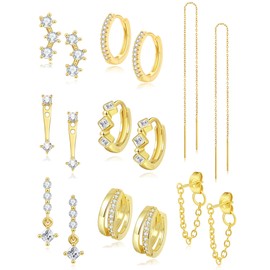 Akeoqi 8 Pairs 18K Gold Plated Long Chain Dangle Earring Dainty Stack Cartilage Hoop Earrings Set Cubic Zirconia Flat Back Stud Earrings for Women Gold Silver Tone, Cubic Zirconia, Cubic Zirconia