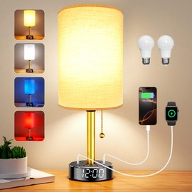 Bedside Desk Lamp for Bedroom, Table Lamp with USB A & USB C Fast Charging Ports & 2 AC Power Outlets, Alarm Clock Base, Round Black Fabric Lampshade Modern Nightstand Lamp for Living Room Home Office